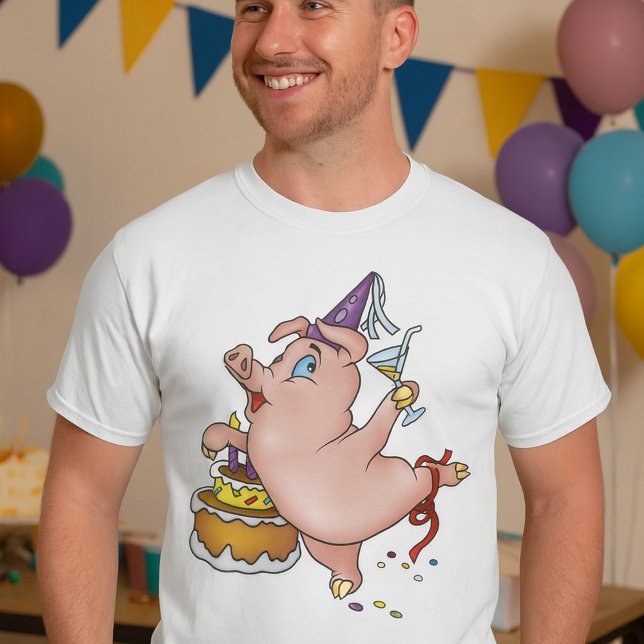 Dancing Birthday Party Pig with Cake and Cocktail T-Shirt (Creator Uploaded)