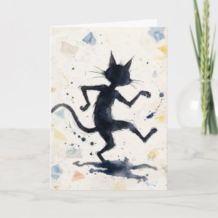 Dancing Black Cat Watercolor Greeting Card
