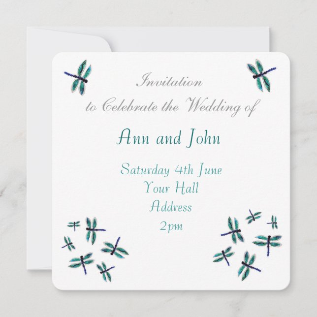 Dancing Blue Dragonfly Wedding Invitation (Front)