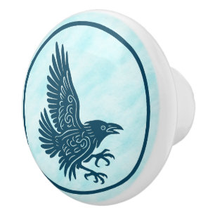 Dancing Blue Raven Ceramic Knob