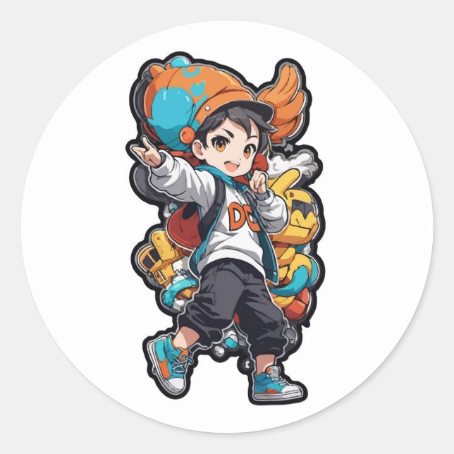 Dancing Boy with Robot Sidekick Cartoon Design Classic Round Sticker (Front)