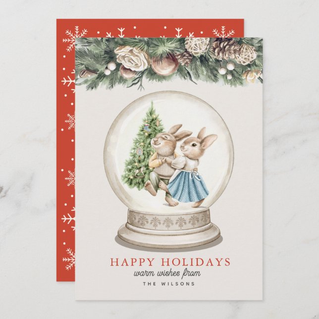 Dancing Bunnies Christmas Tree Snow Grobe Holiday Card (Front/Back)