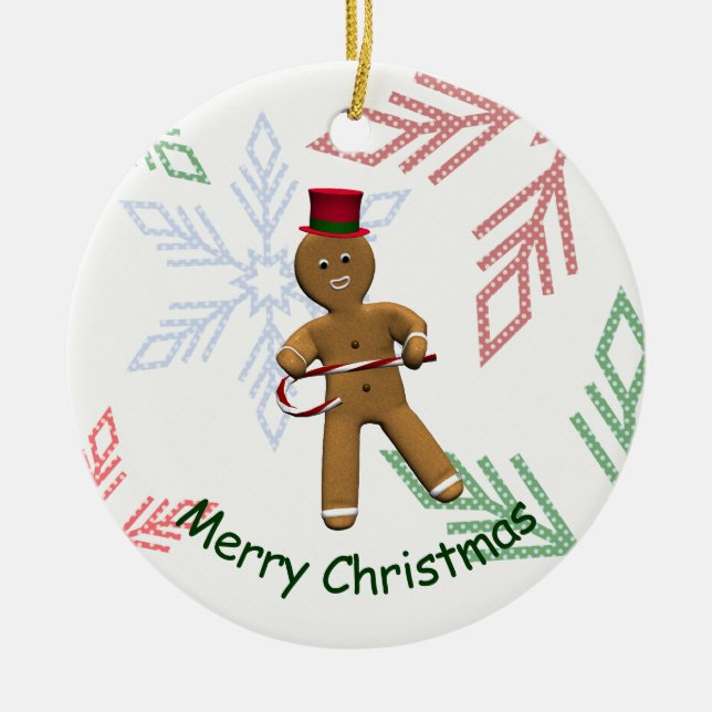 Dancing Cartoon Gingerbread Man Ceramic Tree Decoration (Front)