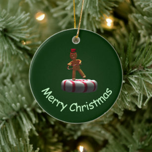Dancing Cartoon Gingerbread Man Ceramic Tree Decoration