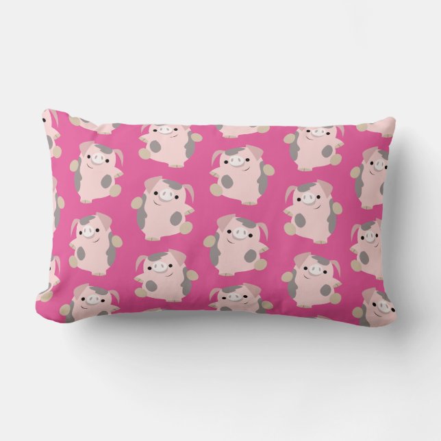 Dancing Cartoon Pig Repeat Pattern Lumbar Pillow (Front)