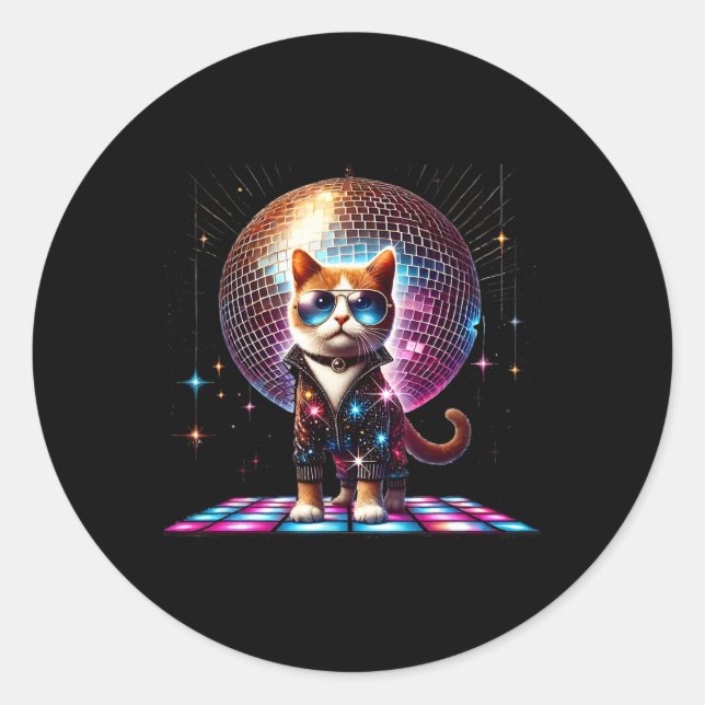 Dancing Cat Disco Ball Kitten Kitty Lover Funny Pa Classic Round Sticker (Front)