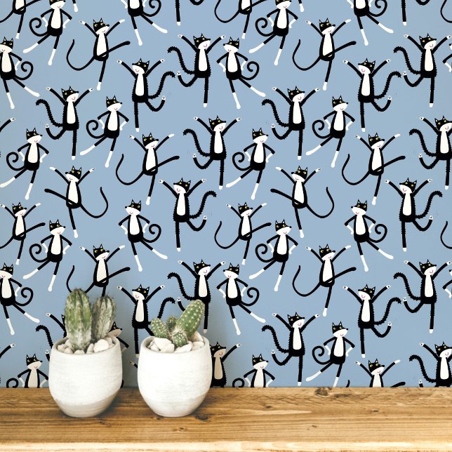 Dancing Cat Pattern Blue Wallpaper (Fun black and white tuxedo cat pattern blue peel and stick art wallpaper)