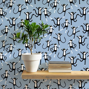 Dancing Cat Pattern Blue Wallpaper