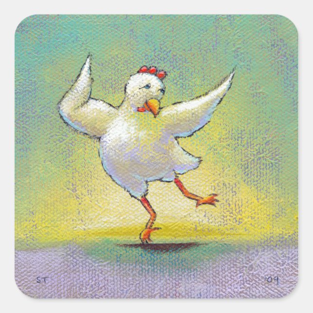 Dancing chicken fun art cute colourful happy dance square sticker (Front)