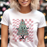 Dancing Christmas Tree Pink Chequered Retro Tri-Blend Shirt<br><div class="desc">Add some playful holiday cheer to your wardrobe with this whimsical dancing Christmas tree design! Featuring a smiling tree adorned with ornaments and sneakers, this shirt brings fun energy to any festive gathering. The pink chequered background adds a trendy, retro vibe, making it a perfect pick for those who love...</div>
