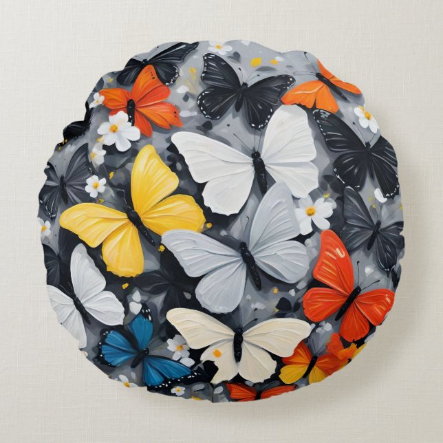 Dancing Colorful Butterfly Acrylic Art, Round Cushion (Front)