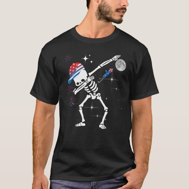 Dancing Dabbing Skeleton 4th of July American Flag T-Shirt (Front)