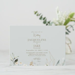 Dancing Daisies Light Sage Wedding Invitation
