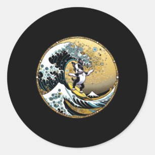 Dancing Dog Surf Board Great Wave Surfing - Boston Classic Round Sticker