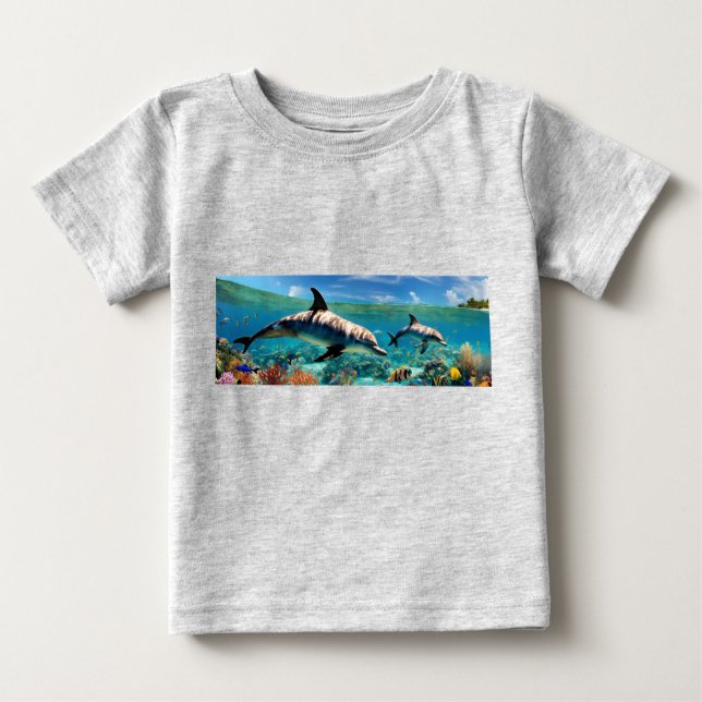 Dancing Dolphins in a Coral Paradise Baby T-Shirt (Front)