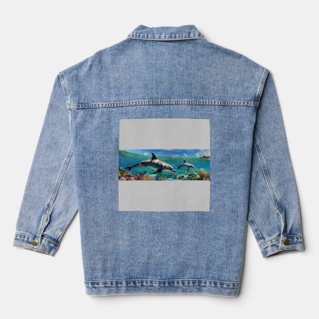 Dancing Dolphins in a Coral Paradise Denim Jacket (Back)