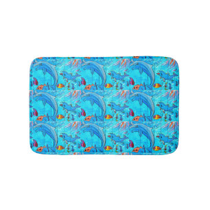 dancing dolphins swimming  in blue sea bath mat