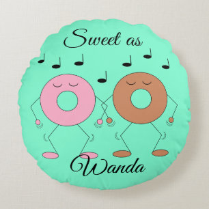 Dancing Doughnuts Mint Green Round Cushion