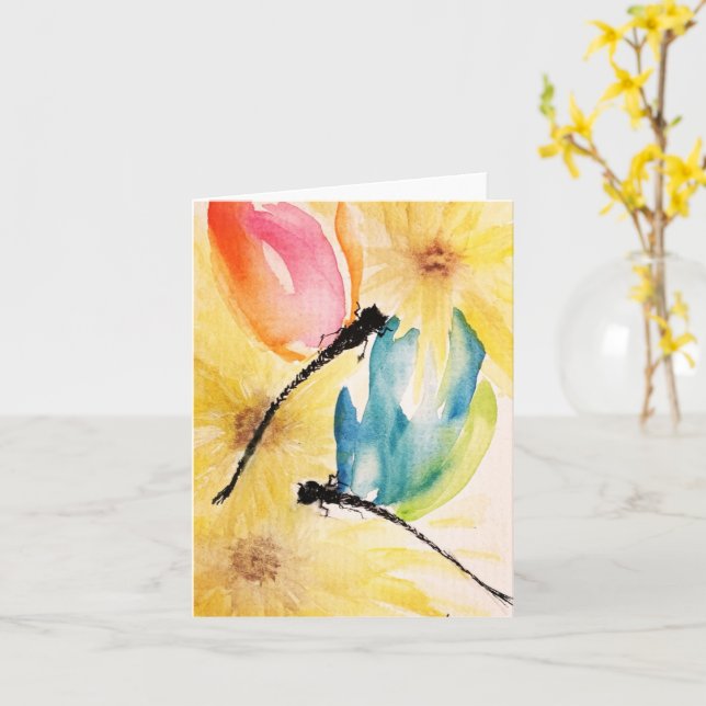 Dancing Dragonflies Blank Card (Yellow Flower)