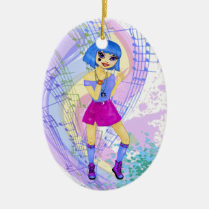 Dancing fashion illustration with bright blue hair ceramic tree decoration