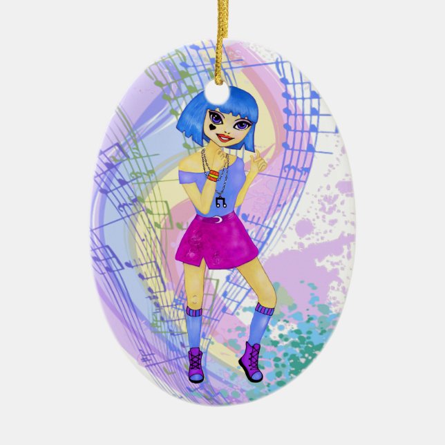 Dancing fashion illustration with bright blue hair ceramic tree decoration (Front)