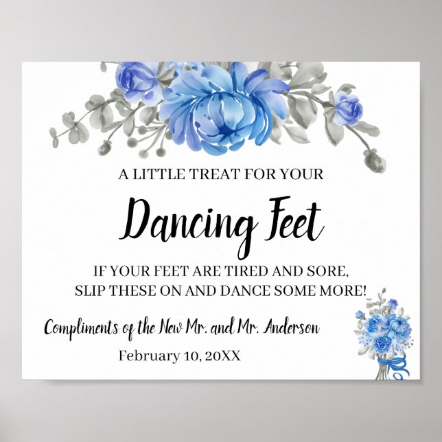 Dancing Feet Flip Flops Wedding Blue Flowers Sign (Front)