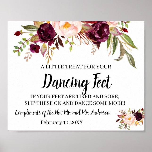 Dancing Feet Flip Flops Wedding MarsalaFlower Sign (Front)
