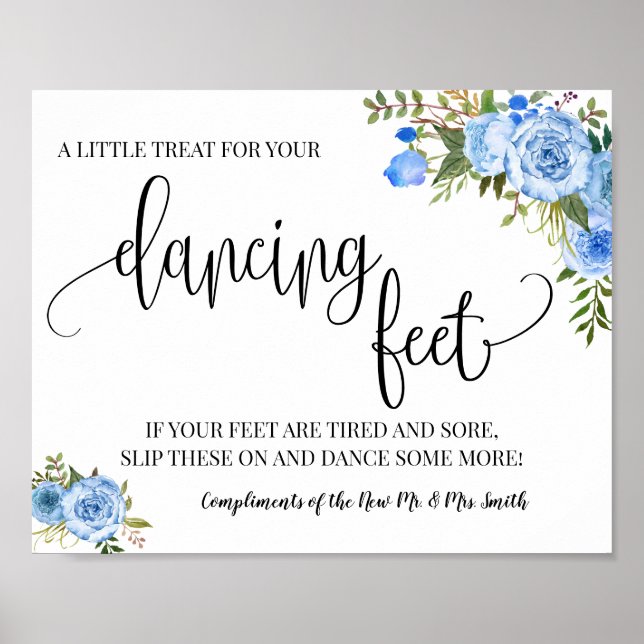 Dancing feet sign flip flops wedding blue floral (Front)
