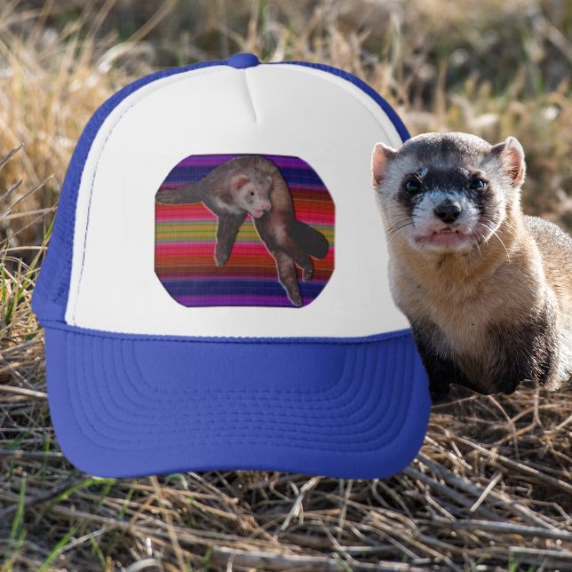 Dancing Ferret with Colourful Striped Background Trucker Hat (Dancing Ferret with Colorful Striped Background Trucker Hat)