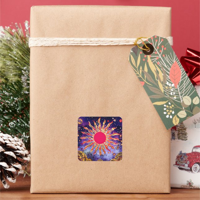 “Dancing Fire of the Cosmos” The Sun Square Sticker (Holiday)