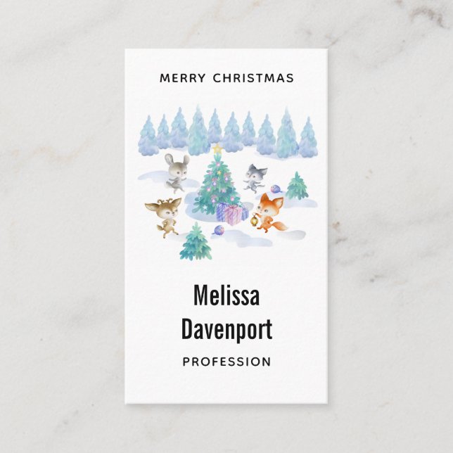 Dancing Forest Animals Christmas Watercolor Business Card (Front)