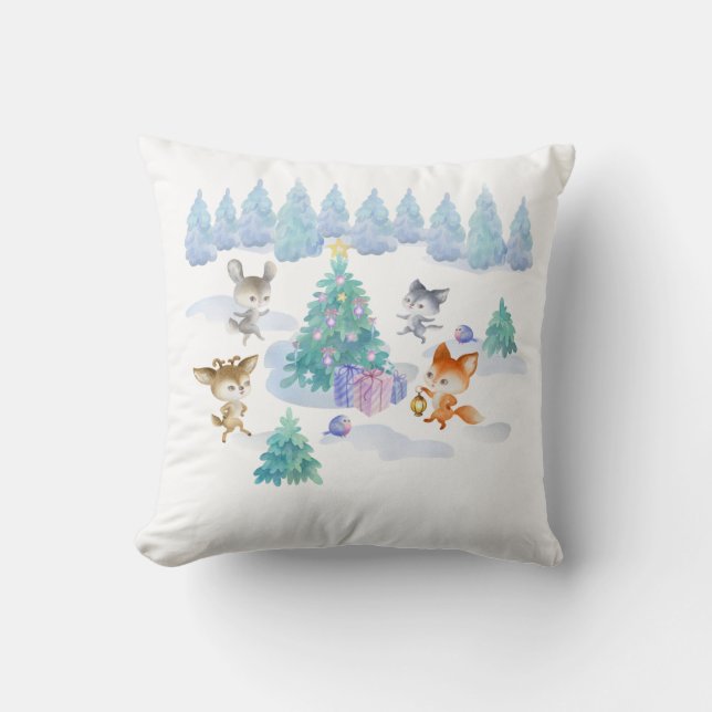Dancing Forest Animals Christmas Watercolor Cushion (Front)