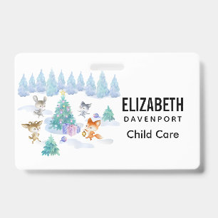 Dancing Forest Animals Christmas Watercolor ID Badge