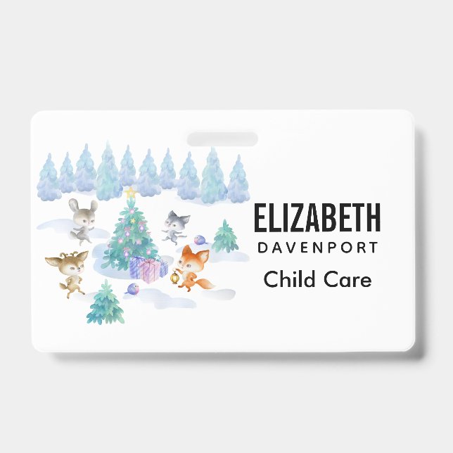 Dancing Forest Animals Christmas Watercolor ID Badge (Front)