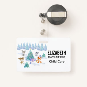 Dancing Forest Animals Christmas Watercolor ID Badge