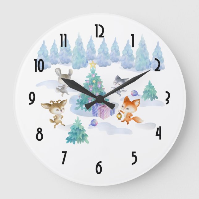 Dancing Forest Animals Christmas Watercolor Large Clock (Front)