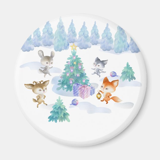 Dancing Forest Animals Christmas Watercolor Magnet (Front)