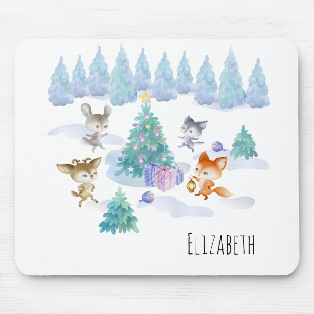 Dancing Forest Animals Christmas Watercolor Mouse Pad (Front)