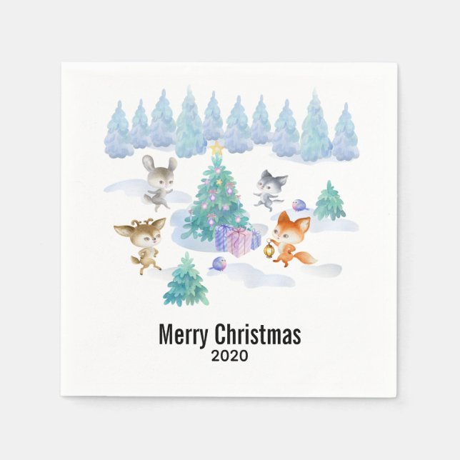 Dancing Forest Animals Christmas Watercolor Napkin (Front)