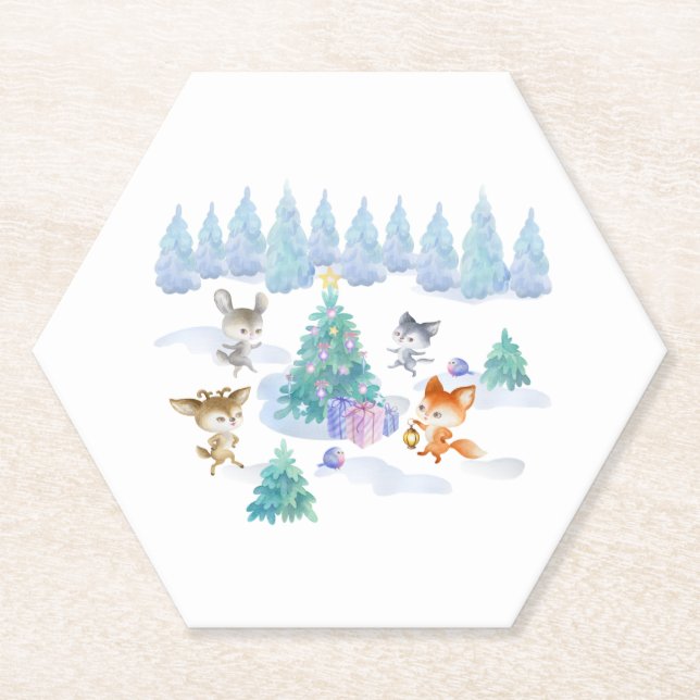 Dancing Forest Animals Christmas Watercolor Paper Coaster (Front)