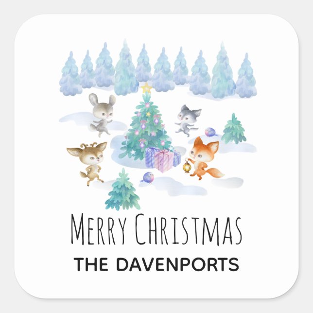 Dancing Forest Animals Christmas Watercolor Square Sticker (Front)