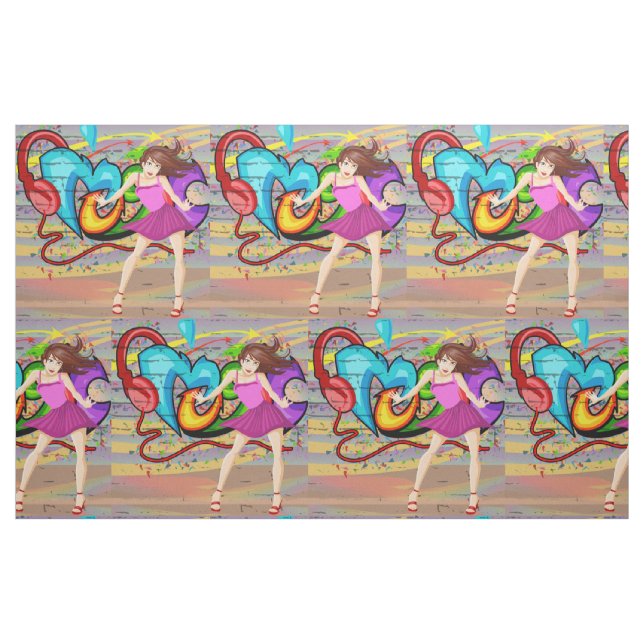 Dancing Girl Music Graffiti Wall Fabric (Fat Quarter)