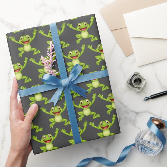 Dancing Green Frog On Grey Wrapping Paper (Gifting)