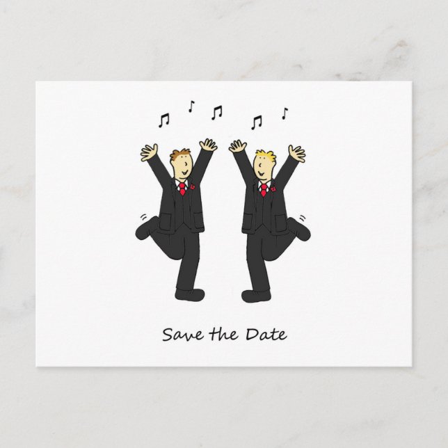 Dancing Grooms Save the Date Cartoon Announcement Postcard (Front)