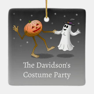 Dancing Halloween Pumpkin and Ghost Ceramic Ornament