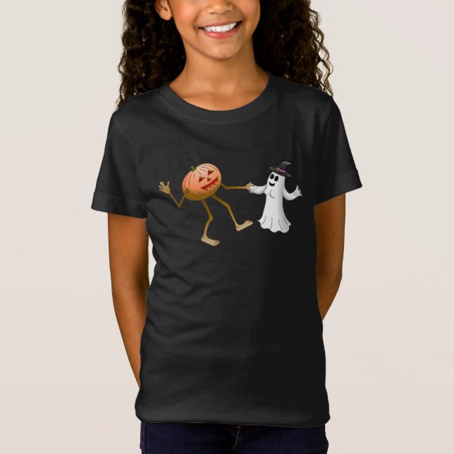 Dancing Halloween Pumpkin and Ghost T-Shirt (Front)