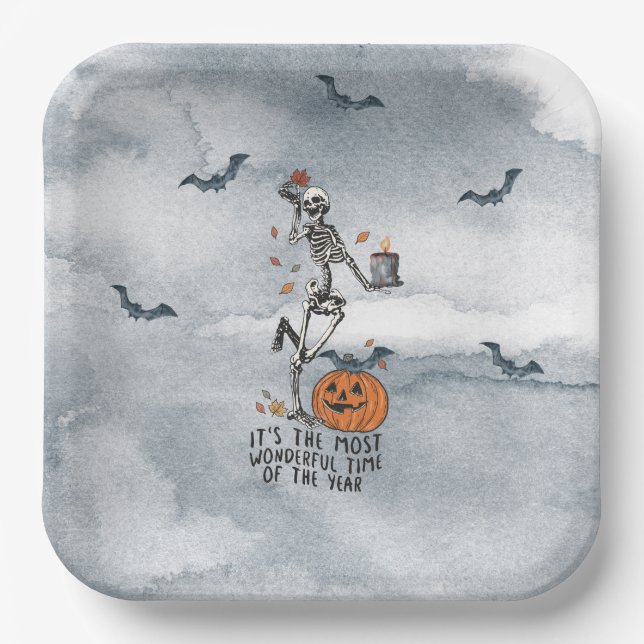 Dancing Halloween Skeleton, Bats, Jack O'Lantern Paper Plate (Front)