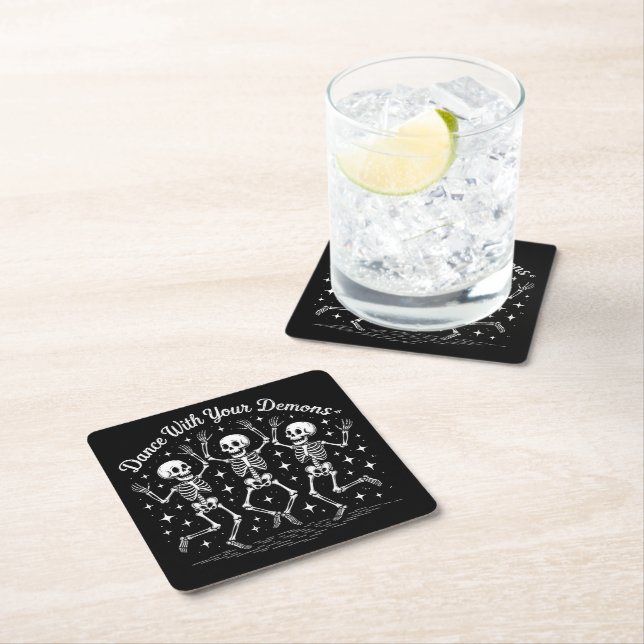 Dancing Halloween Skeletons Square Paper Coaster (Insitu)