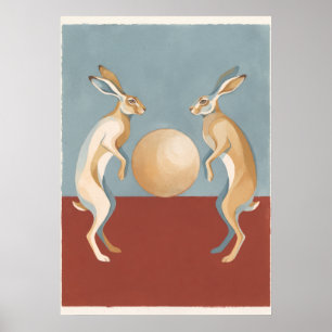 Dancing Hares and Golden Moon Folk Art Poster