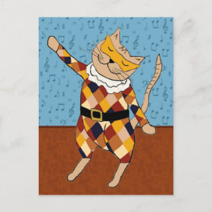 Dancing Harlequin Kitty Postcard